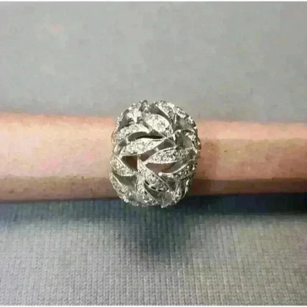 Sterling Silver Pave Leaves Dome Ring .925 Band CZ Ring Cubic Zirconia Size 8